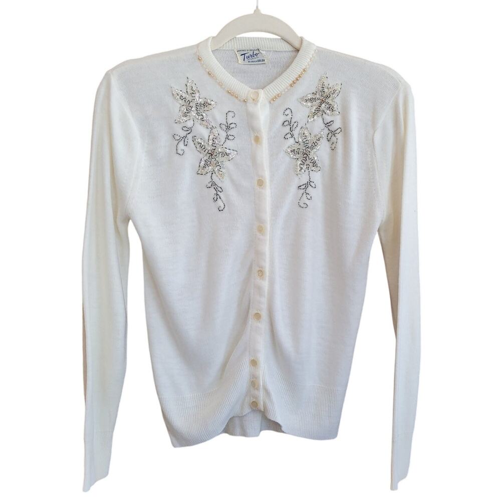 Vintage Ivory Cardigan Sweater Button Beads Sequins Soft Orlon 100% Dupont Orlon